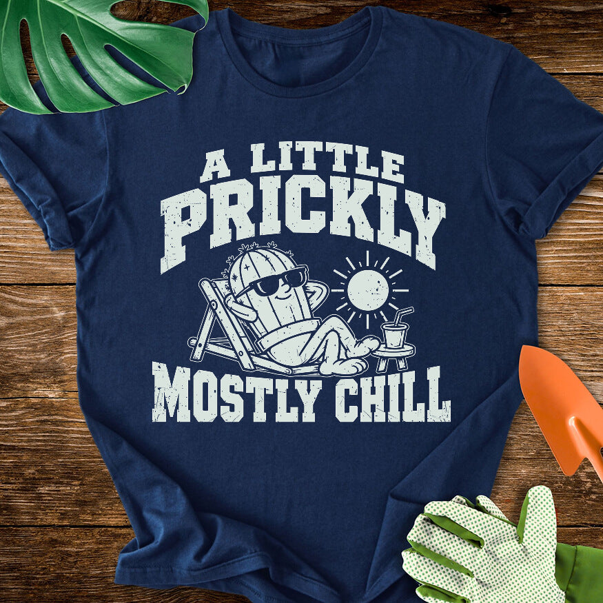 Navy blue T-shirt with a cactus relaxing in sunglasses with "A Little Prickly, Mostly Chill".