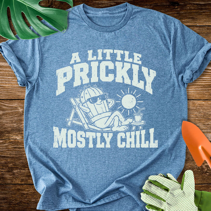Heather indigo blue T-shirt with a cactus relaxing in sunglasses with "A Little Prickly, Mostly Chill".