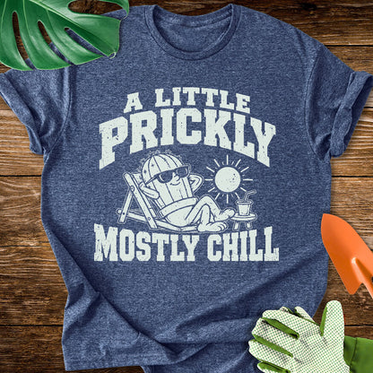Heather navy blue T-shirt with a cactus relaxing in sunglasses with "A Little Prickly, Mostly Chill".