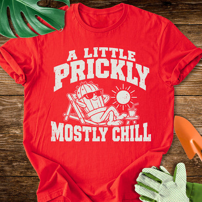 Red T-shirt with a cactus relaxing in sunglasses with "A Little Prickly, Mostly Chill".
