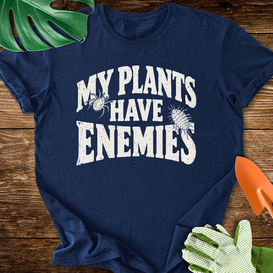 Navy blue T-shirt with plant pest illustrations around "My Plants Have Enemies" lettering.