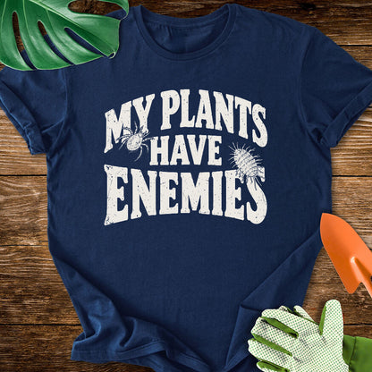 Navy blue T-shirt with plant pest illustrations around "My Plants Have Enemies" lettering.