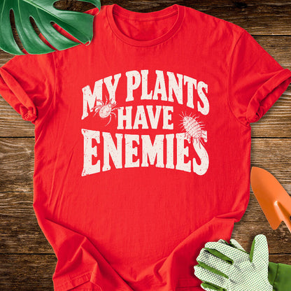 Red T-shirt with plant pest illustrations around "My Plants Have Enemies" lettering.