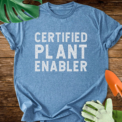 Heather indigo blue T-shirt with bold distressed lettering reading "Certified Plant Enabler".