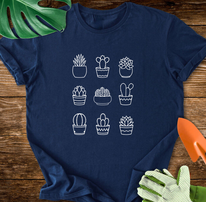 Minimalist Succulent & Cactus Line Art T-Shirt