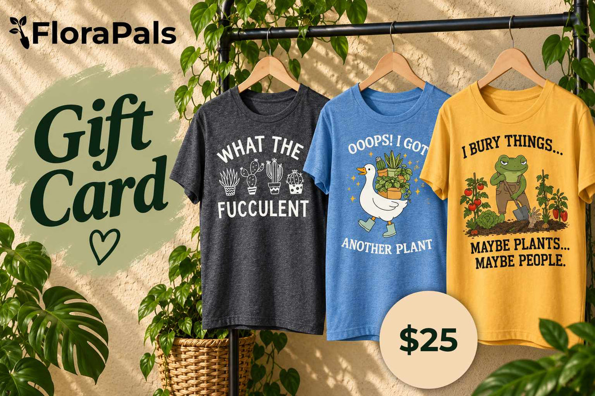 FloraPals $25 gift card featuring three plant-themed T-shirts hanging among houseplants.